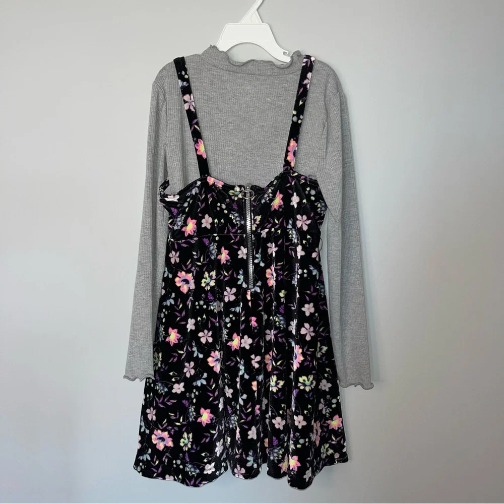 Justice Floral Velour Kids Dress with Gray Long Sleeve Youth Small